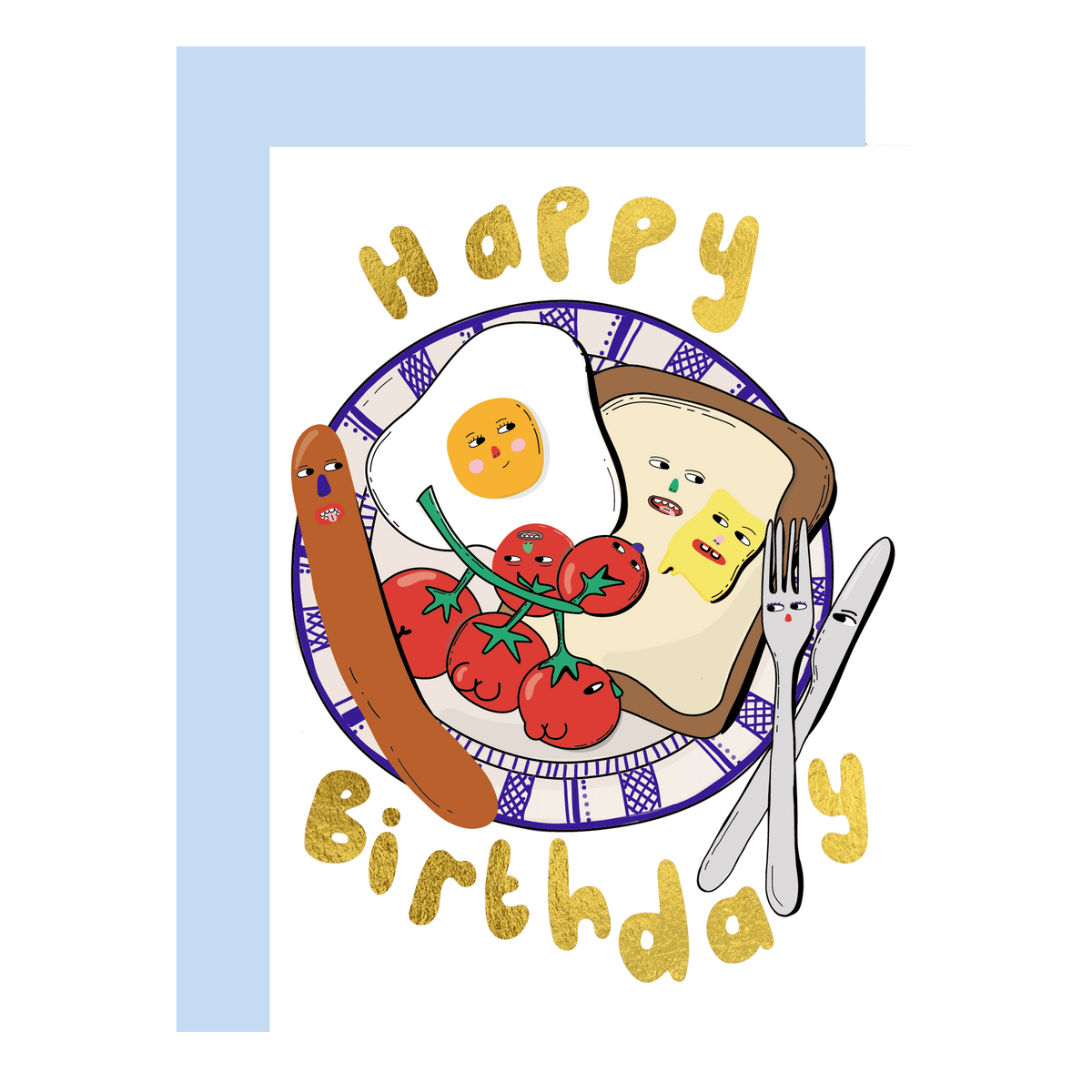 Birthday Foodie gold foil greeting card with illustration and kraft envelope