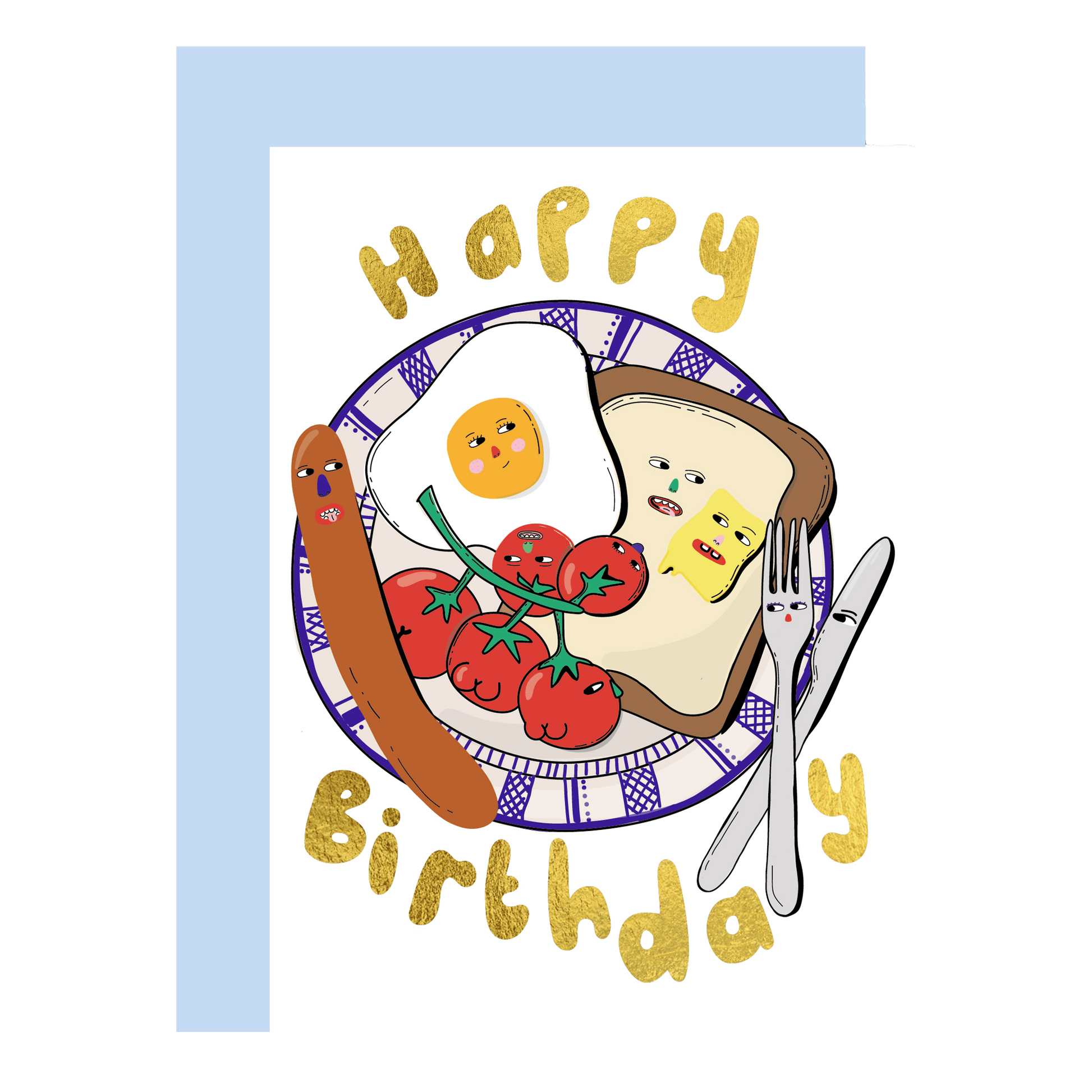 Birthday Foodie gold foil greeting card with illustration and kraft envelope