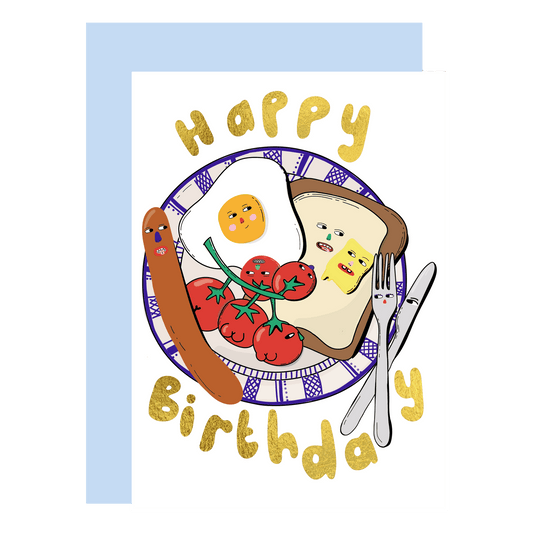 Birthday Foodie gold foil greeting card with illustration and kraft envelope