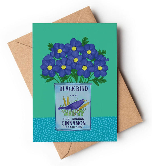 Anemone flowers in a vintage cinnamon tin illustration on an A6 greeting card