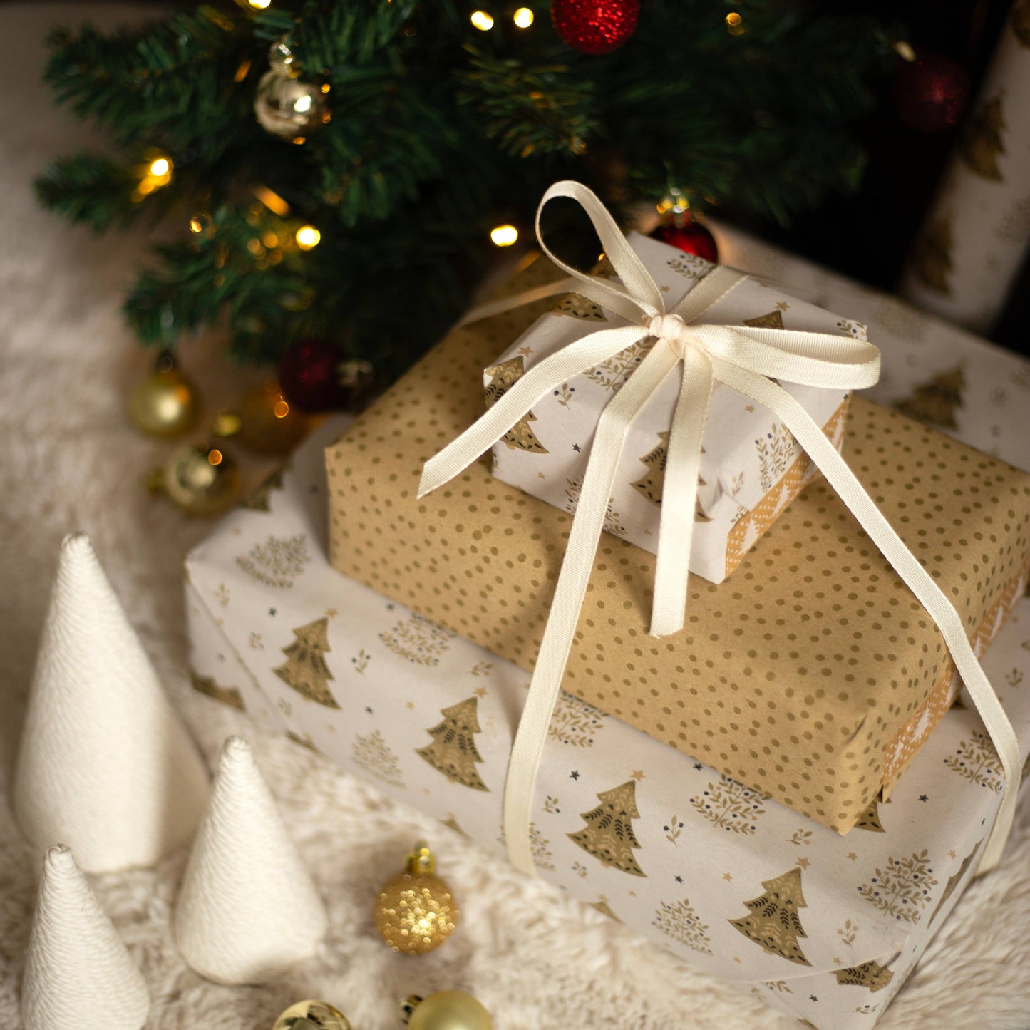 Gold Christmas Trees Festive Gift Wrap, 5m roll, 500mm wide, brown kraft with gold tree design, sustainable eco-friendly Christmas wrapping paper.