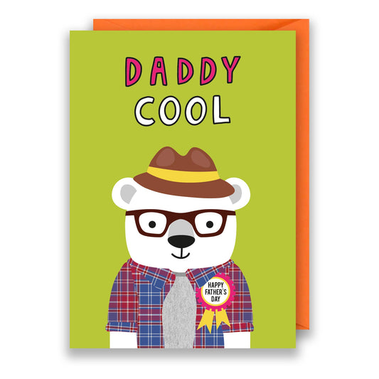 This Father's Day card is bold and bright with hand drawn lettering reading 'daddy cool'. Illustrated greeting card with a cute polar bear design printed onto glossy card with a bright orange envelope.