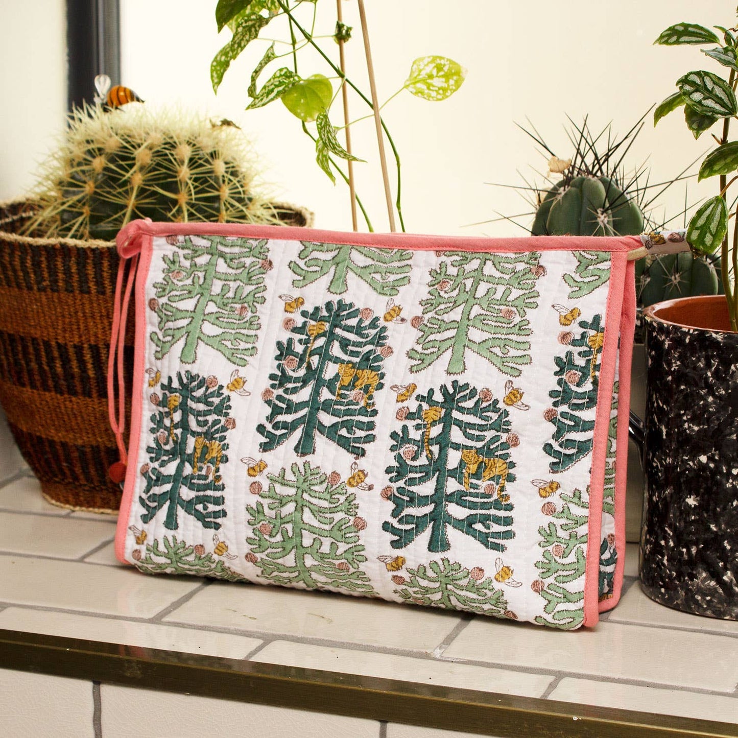 Indian block printed cotton pouch in Monkey Puzzle design, handmade in Jaipur using natural dyes and traditional techniques. Available in medium and large sizes.