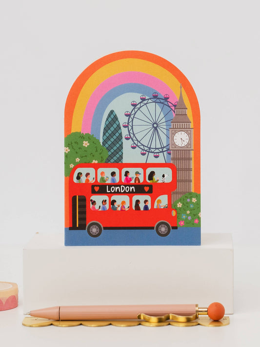 Mifkins London Rainbow card with iconic London landmarks and bright rainbow arch