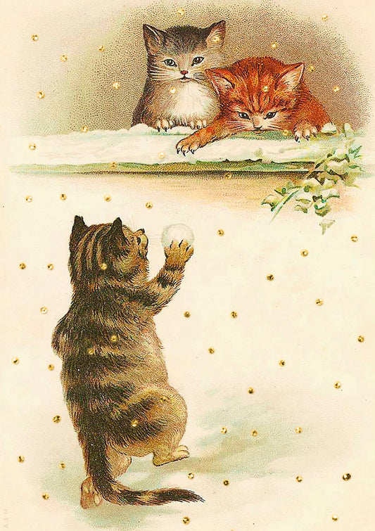 Three Kittens Christmas Card by Madame Treacle, vintage-style illustration with hand-applied glitter on sustainably sourced 300gsm card, 5 x 7 inches, eco-friendly packaging, made in England