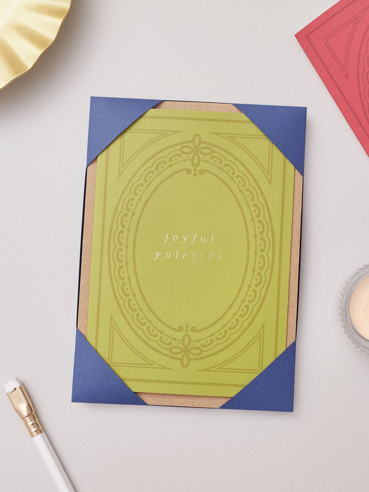 Book Club Vintage Christmas Card Pack of 5 by Another Loop, foil printed on 350gsm Buckram card, recycled Kraft envelopes, plastic-free, A6 size festive sustainability.