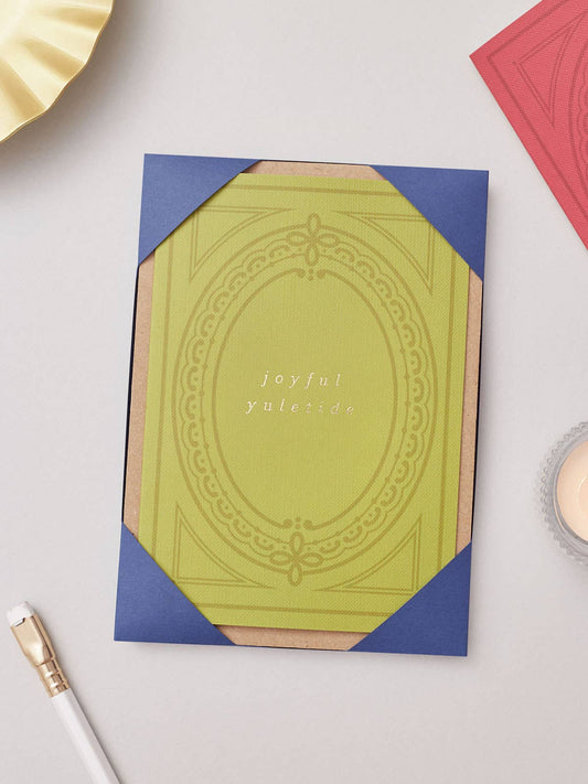 Book Club Vintage Christmas Card Pack of 5 by Another Loop, foil printed on 350gsm Buckram card, recycled Kraft envelopes, plastic-free, A6 size festive sustainability.