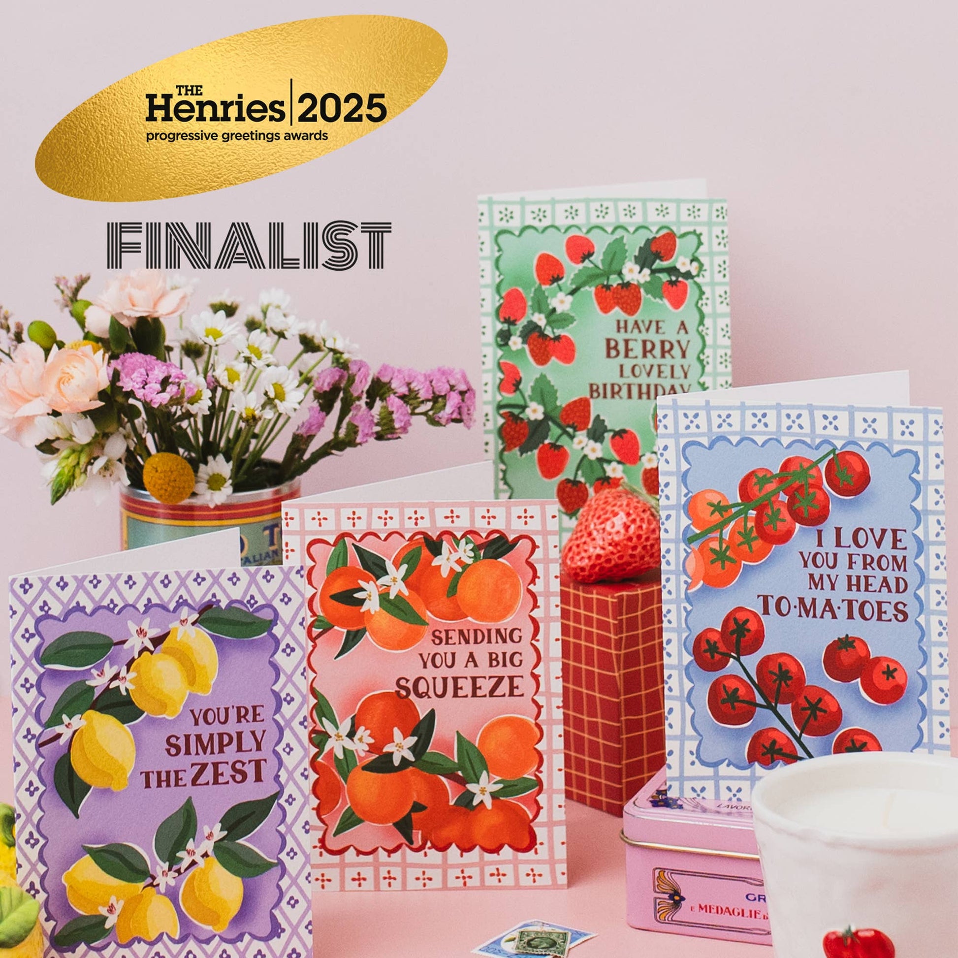 Rear view of 'Big Squeeze' orange greeting card showing sustainably sourced card information