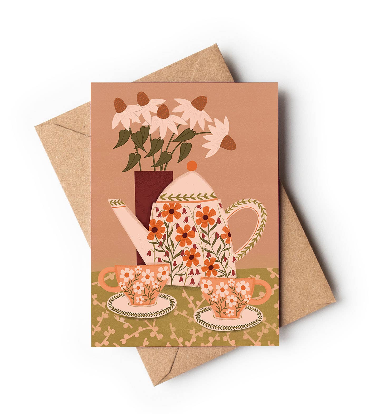 Echinacea and Orange Tea Set A6 Autumn Greeting Card