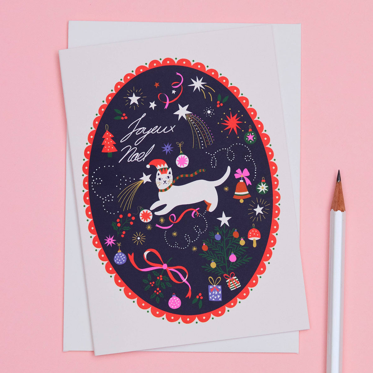 Cat Joyeux Noel Illustrated Christmas Card with Cream Envelope