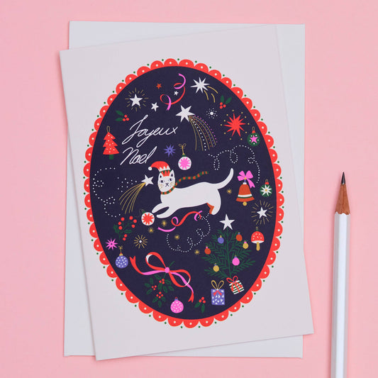 Cat Joyeux Noel Illustrated Christmas Card with Cream Envelope