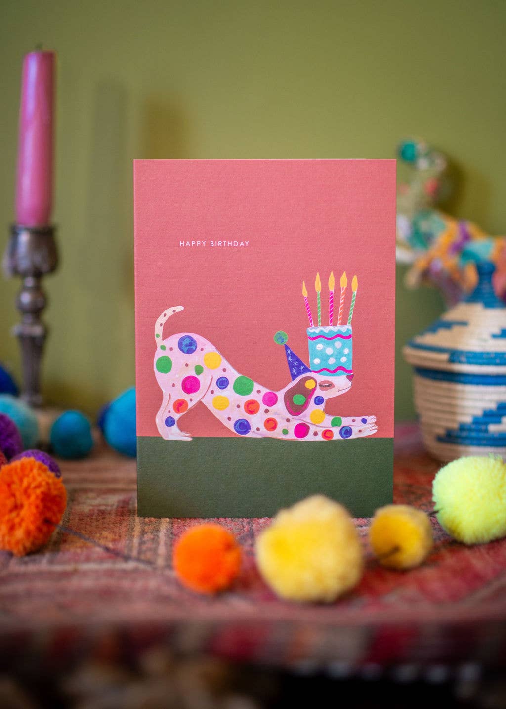 Hand-illustrated spotty dog and cake birthday card, “HAPPY BIRTHDAY” text, 5x7”, sustainable, UK made, with recycled kraft envelope.