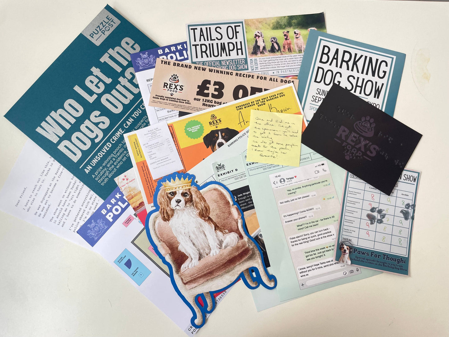 Cold Case: Who Let The Dogs Out? puzzle kit – illustrated box with detective props, eco-friendly packaging, group mystery game for ages 14+.