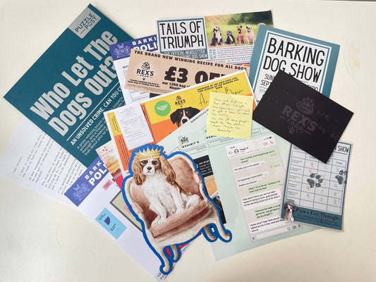 Who Let The Dogs Out? Puzzle Post Cold Case game kit, sustainably packaged