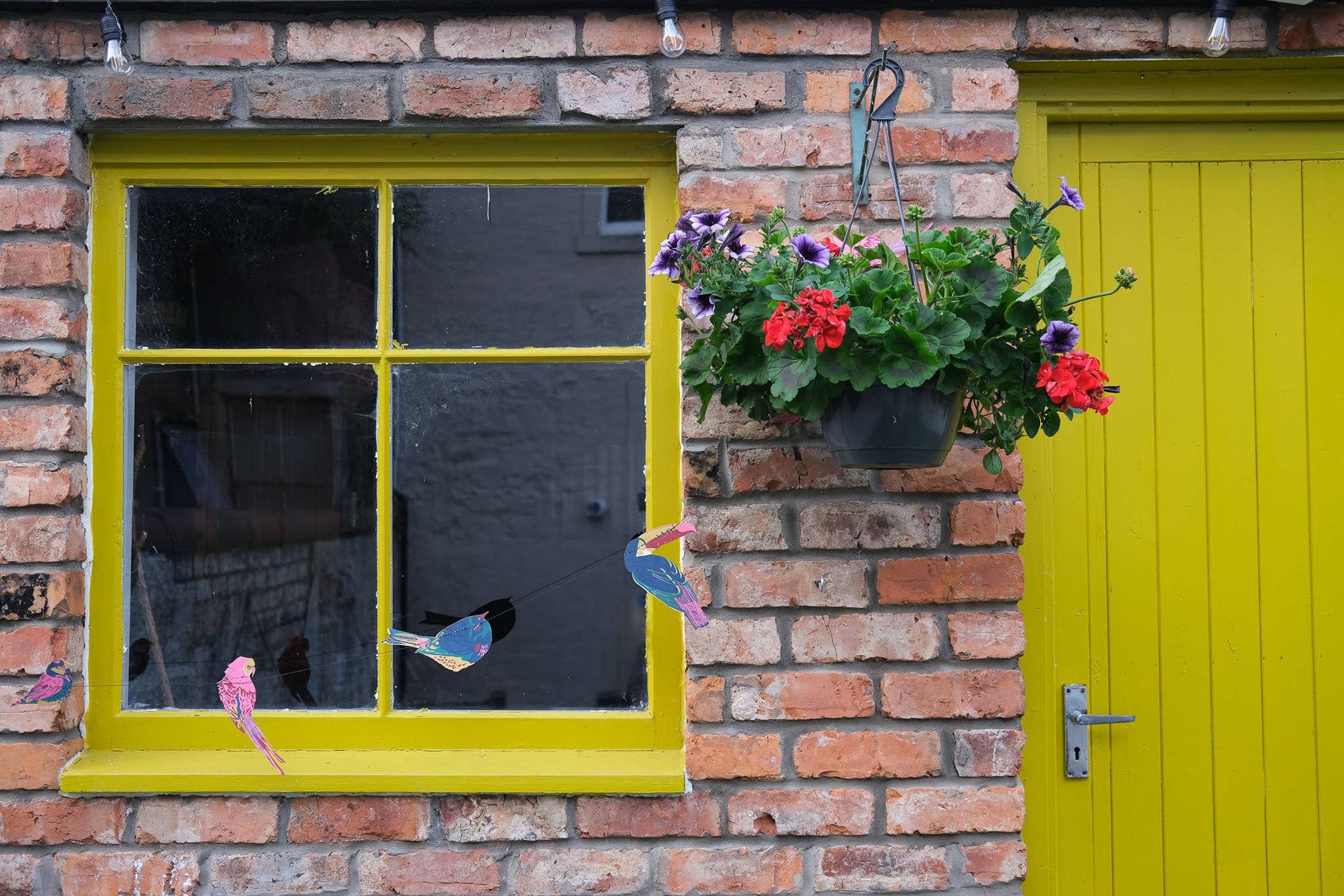 East End Press Tropical Birds Sewn Garland with 10 colourful hand-printed birds on recycled paper, 3 metres long. Hung outside a house.