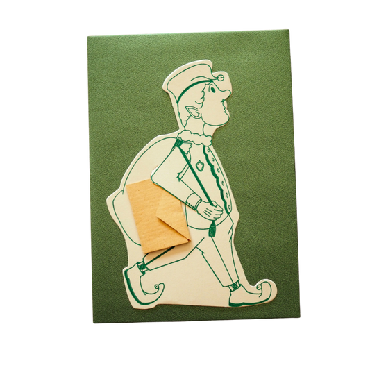 Edgar the Head Elf die cut, green and cream letterpress Christmas card by Soch & Co., mini letter holder, envelope, festive detail.