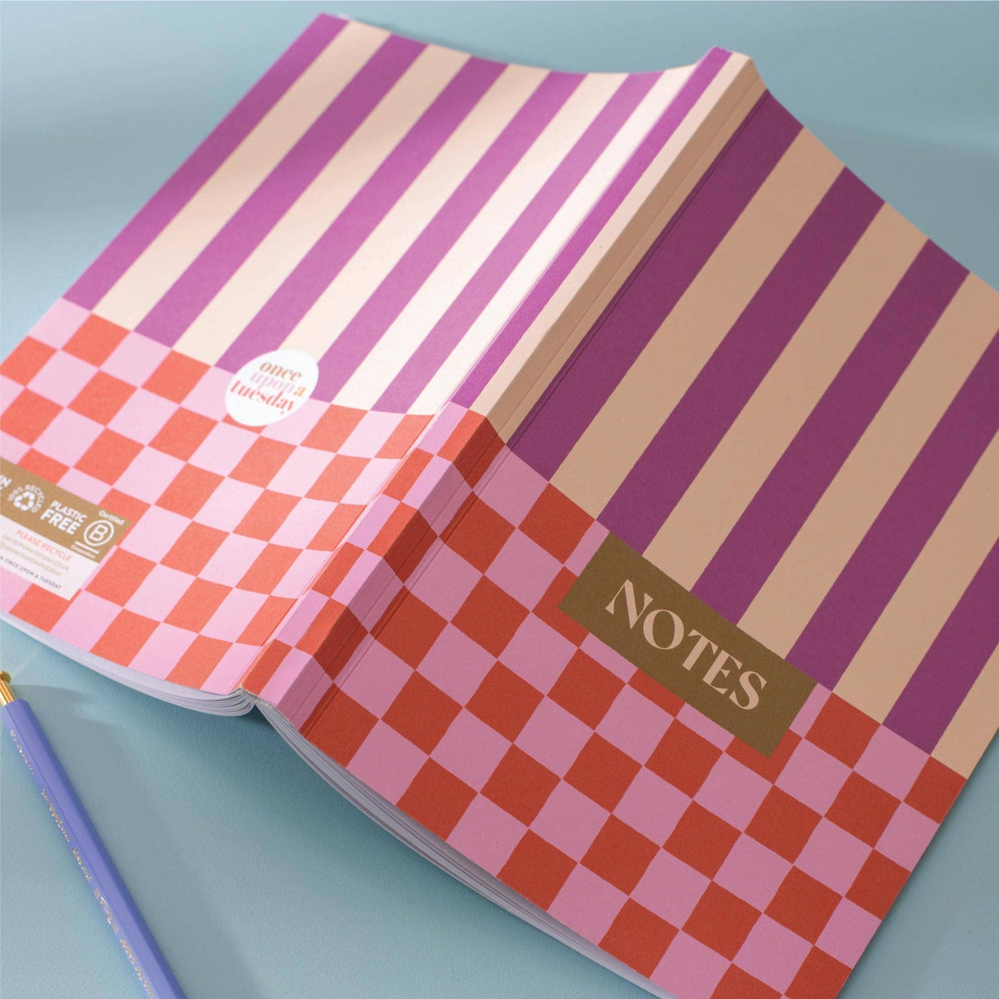 A5 Lay Flat Notebook Sustainable Made Candy Stripes and Checkerboard