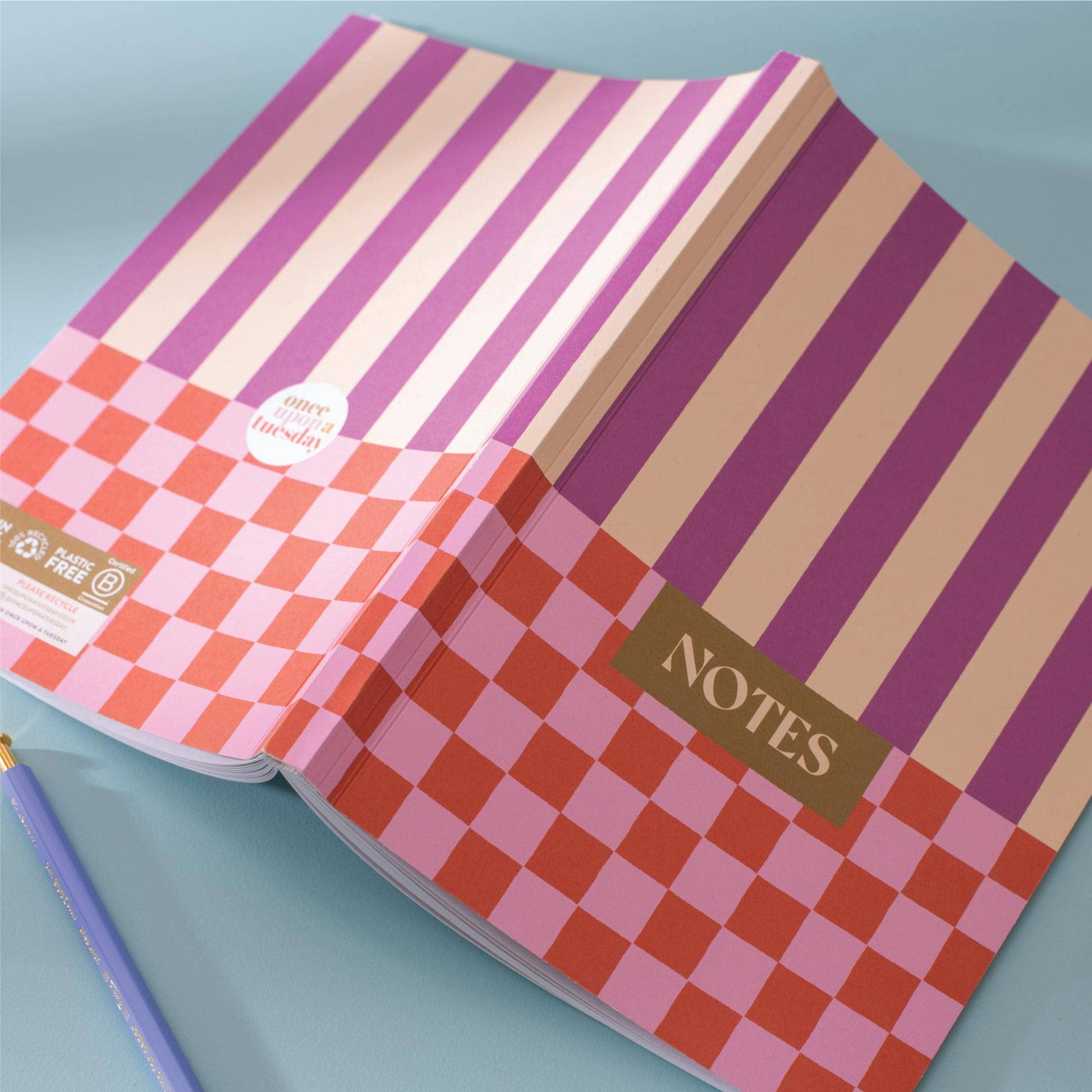 A5 Lay Flat Notebook Sustainable Made Candy Stripes and Checkerboard