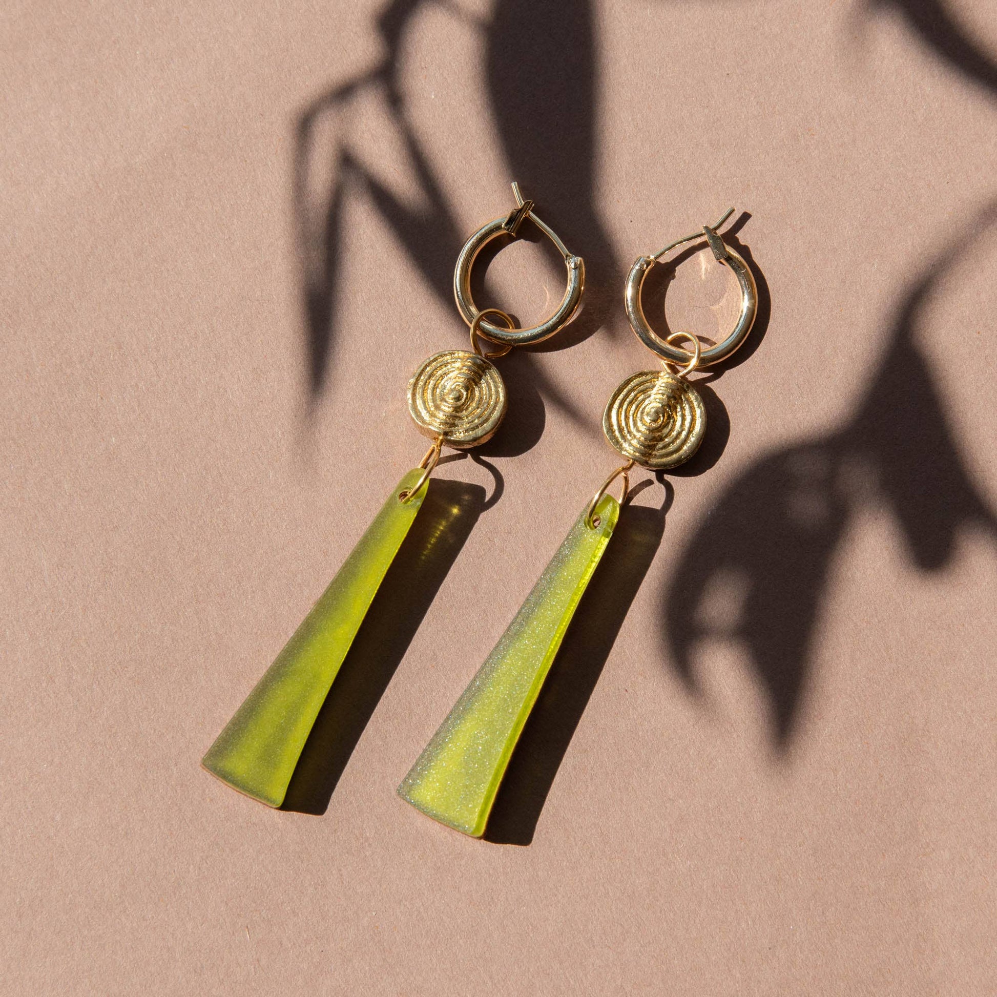 Power Drop Hoop Earrings by Pepper You – Handmade statement earrings in wood, acrylic & recycled brass, colourful sustainable jewellery gift in eco box.