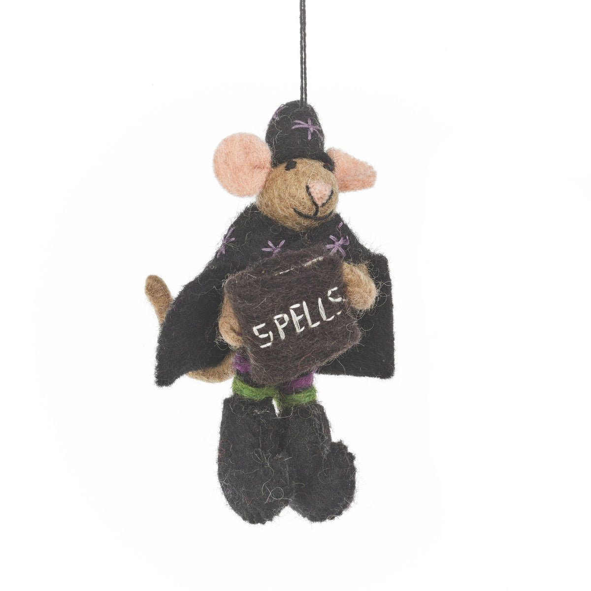 Sustainable felt witch mouse hanging ornament holding a spellbook