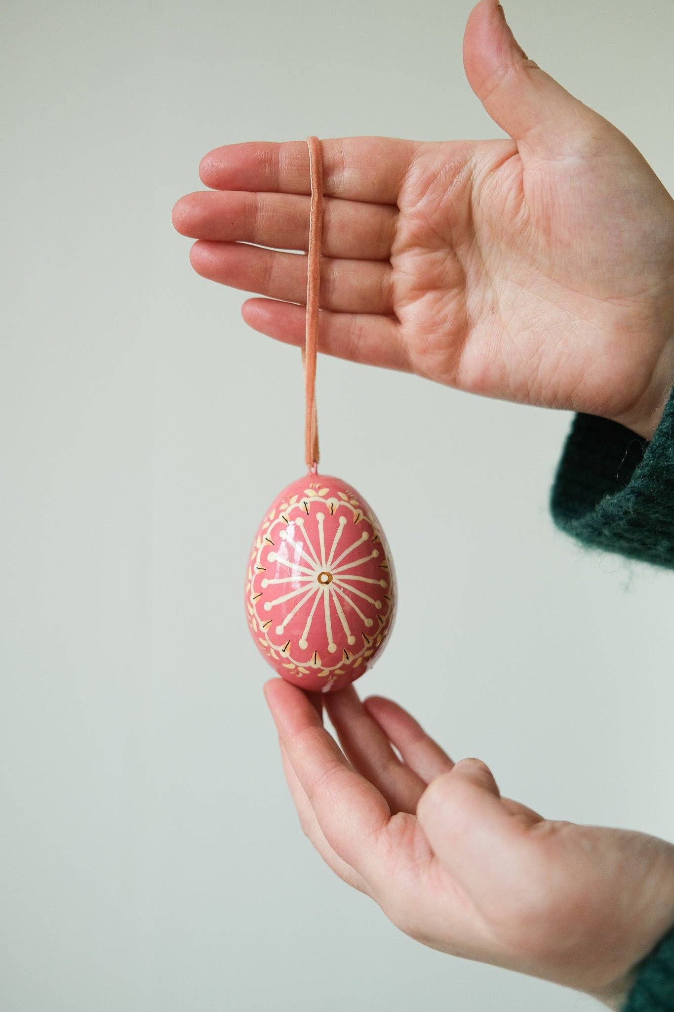 Pink decorative egg with velvet hanging loop