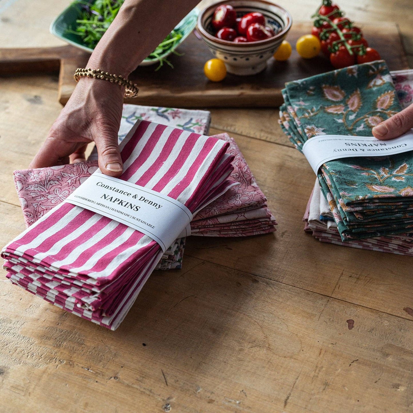Pink and white block printed cotton napkin set