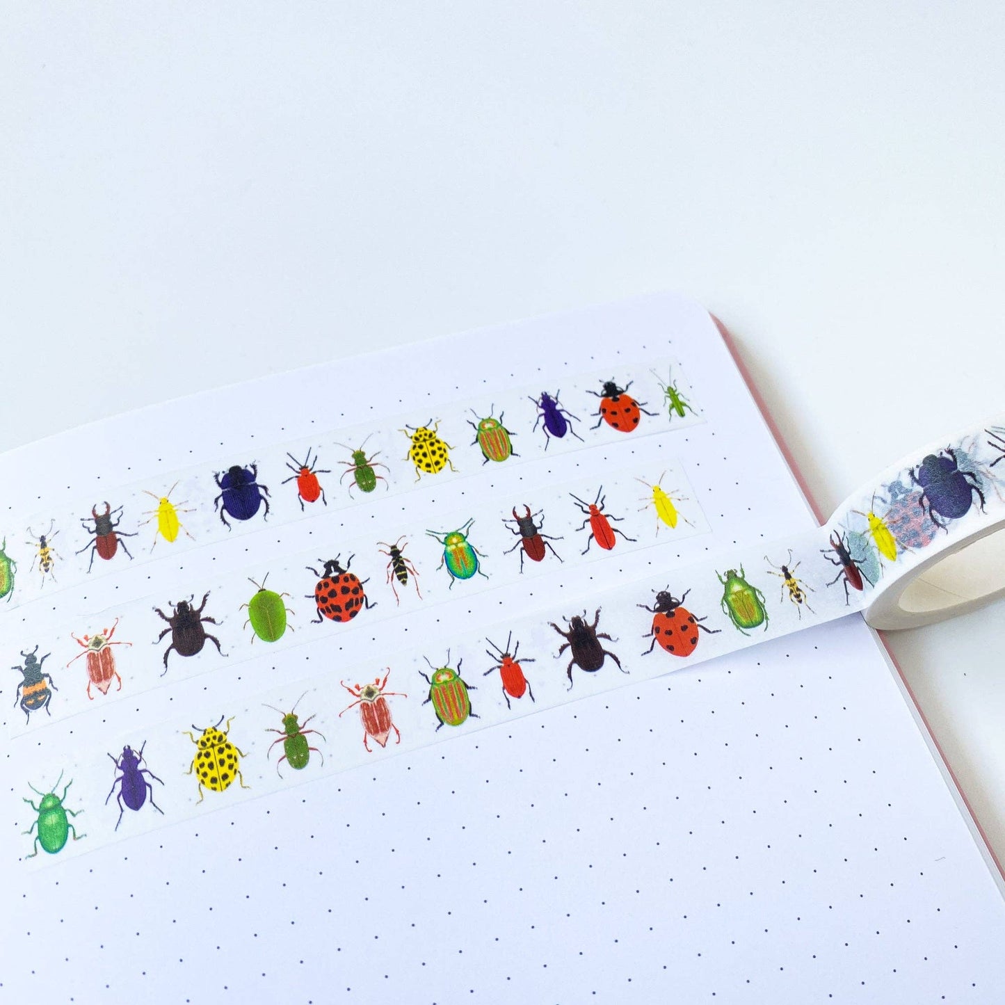 Sarah Frances British Beetles Washi Tape, 15mm x 10m, watercolour insect illustrations, eco-friendly, recyclable, nature-inspired craft tape.