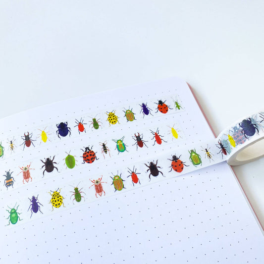 Sarah Frances British Beetles Washi Tape, 15mm x 10m, watercolour insect illustrations, eco-friendly, recyclable, nature-inspired craft tape.