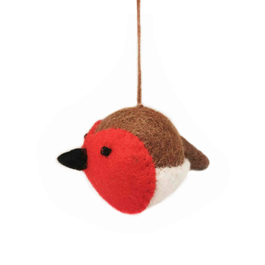 Fair trade wool needle felt sweetheart robin ornament close up