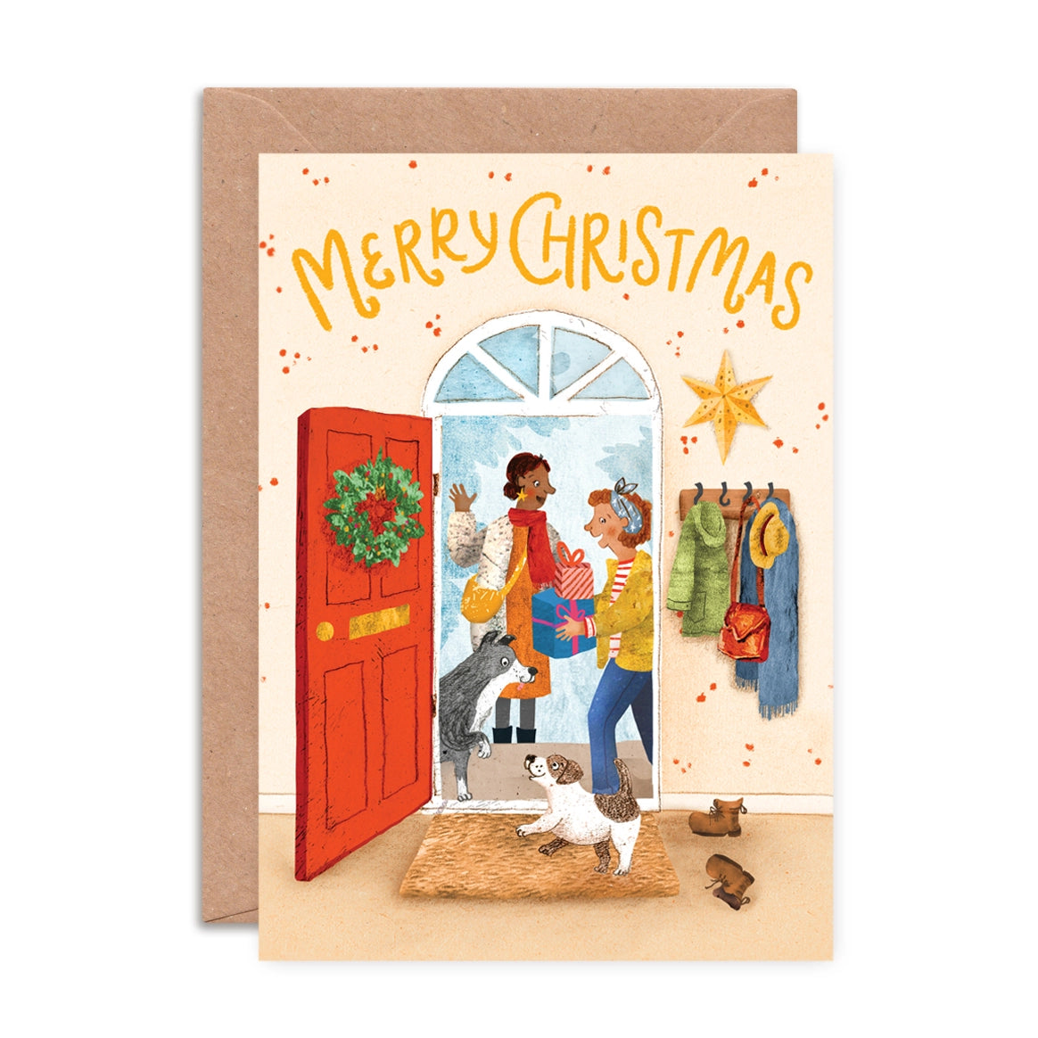 A6 greeting card illustrated by Emily Nash showing a cosy holiday house with guests arriving, printed on eco matte card with a 100% recycled kraft envelope.