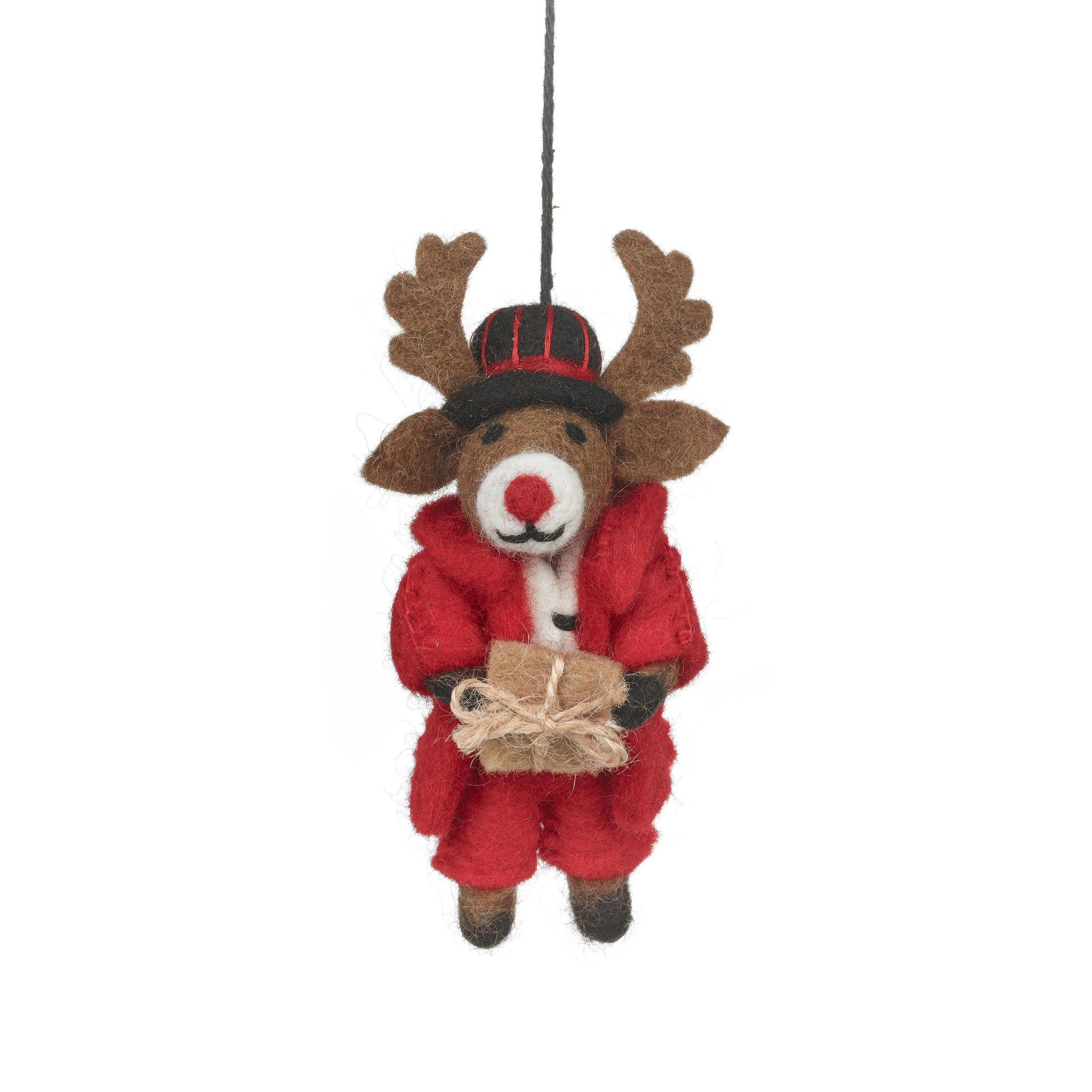 Handmade felt Dasher Christmas reindeer decoration by Felt So Good, sustainable wool with red suit, black fedora, and gift, fair trade and plastic-free