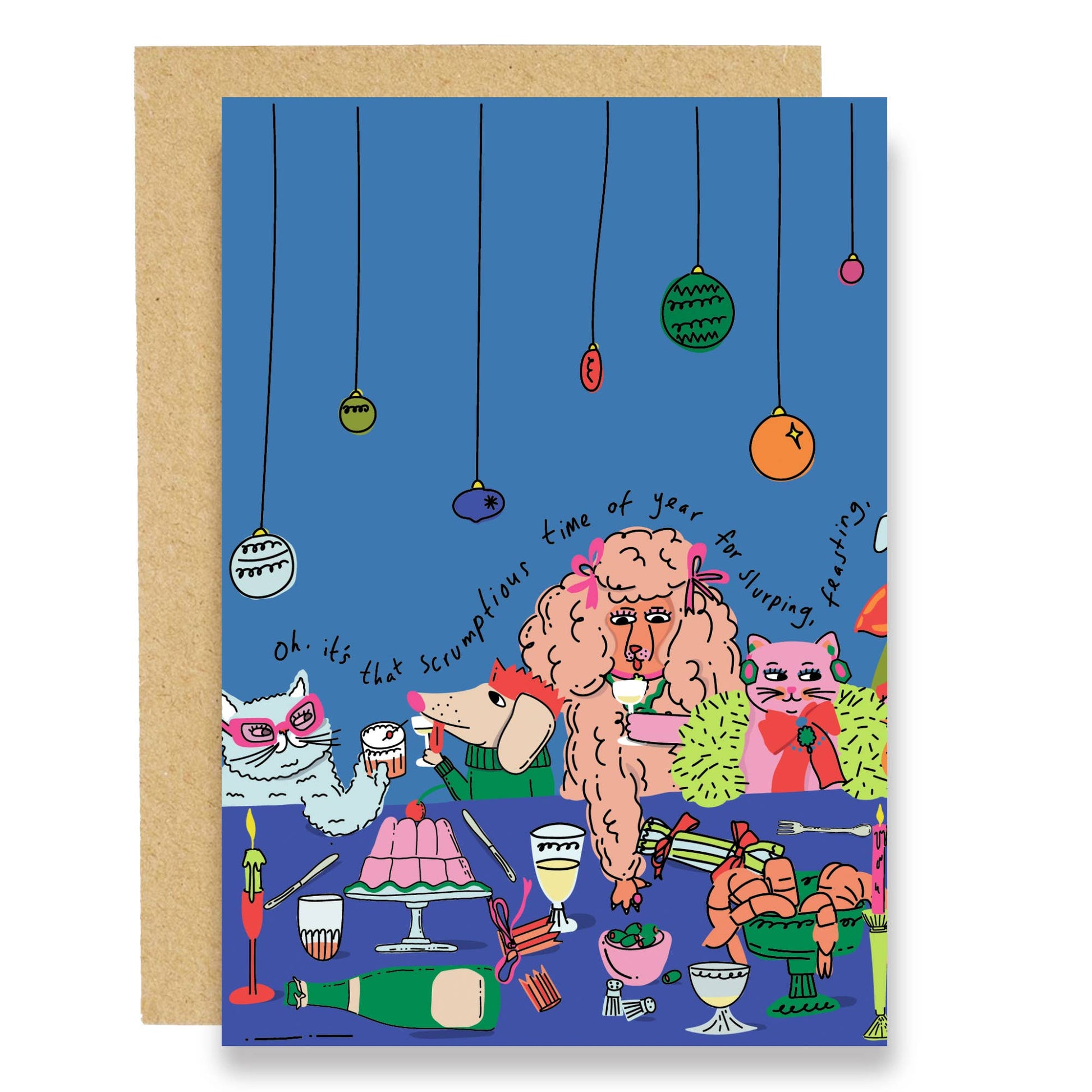 Awfully Jolly Christmas card with festive feast and animal friends illustration, full wraparound print.