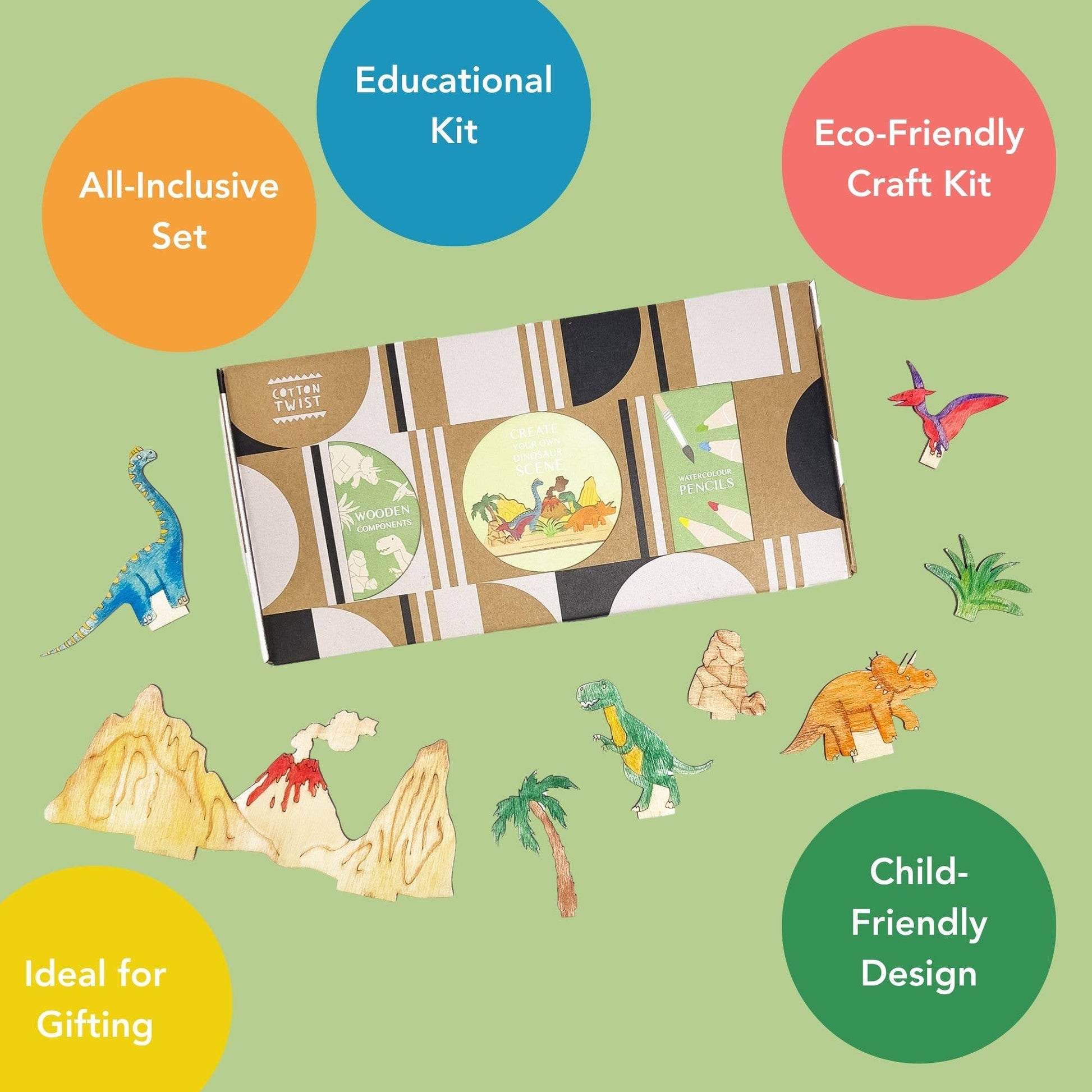 This craft kit is perfect for those who love to be creative, those who love dinosaurs (who doesn't!). Inside, discover a collection of wooden pieces, each intricately designed to spark creativity, including the mighty T-Rex, a triceratops, pterodactyl and a brachiosaurus. With wooden parts of all your favourite dinosaurs, plus scenery, the watercolour pencils &amp; paintbrush included allow for detailed ; precise painting with the ability to mix colours. Once painted, simply add the wooden parts 