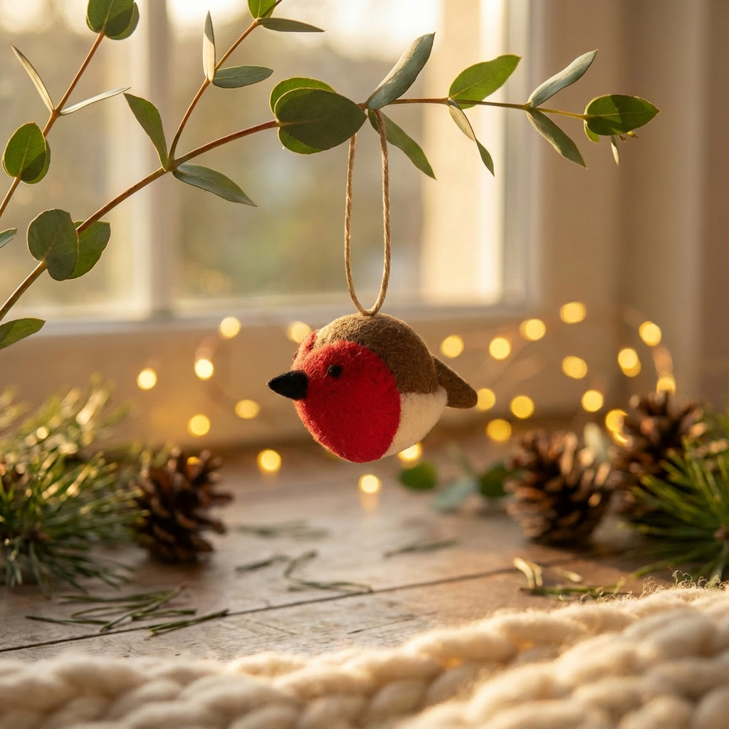 Handmade felt sweetheart robin hanging Christmas tree decoration
