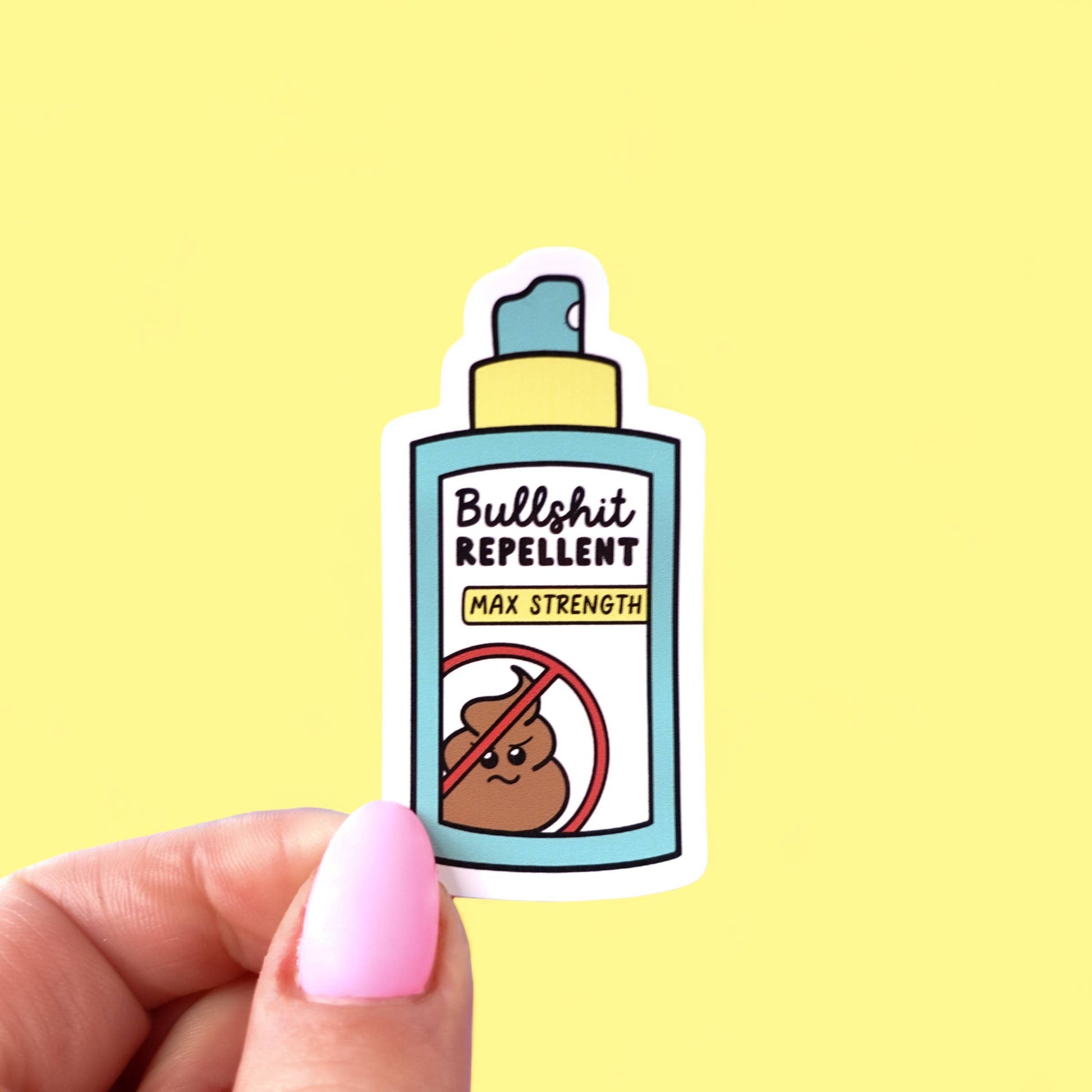 Sunshine Lane Bullshit Repellent Sticker, witty bug spray design, poop no symbol, waterproof glossy vinyl, 3x6.1cm