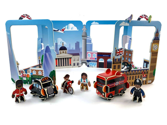 London Landmarks Pop-out Playset showing the red double-decker bus and characters