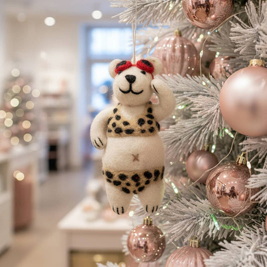 Handmade felt diva polar bear hanging Christmas tree decoration in leopard print bikini