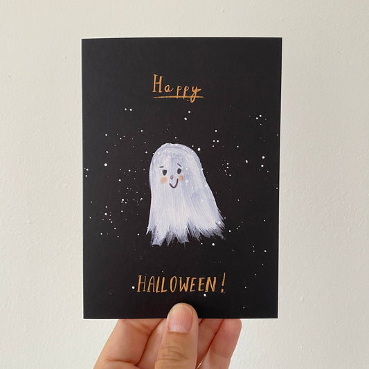 Happy Halloween Card by Juliet Thomas Doodles, friendly ghost illustration on sustainably sourced A6 card, biodegradable wrapper, eco-friendly UK greeting card