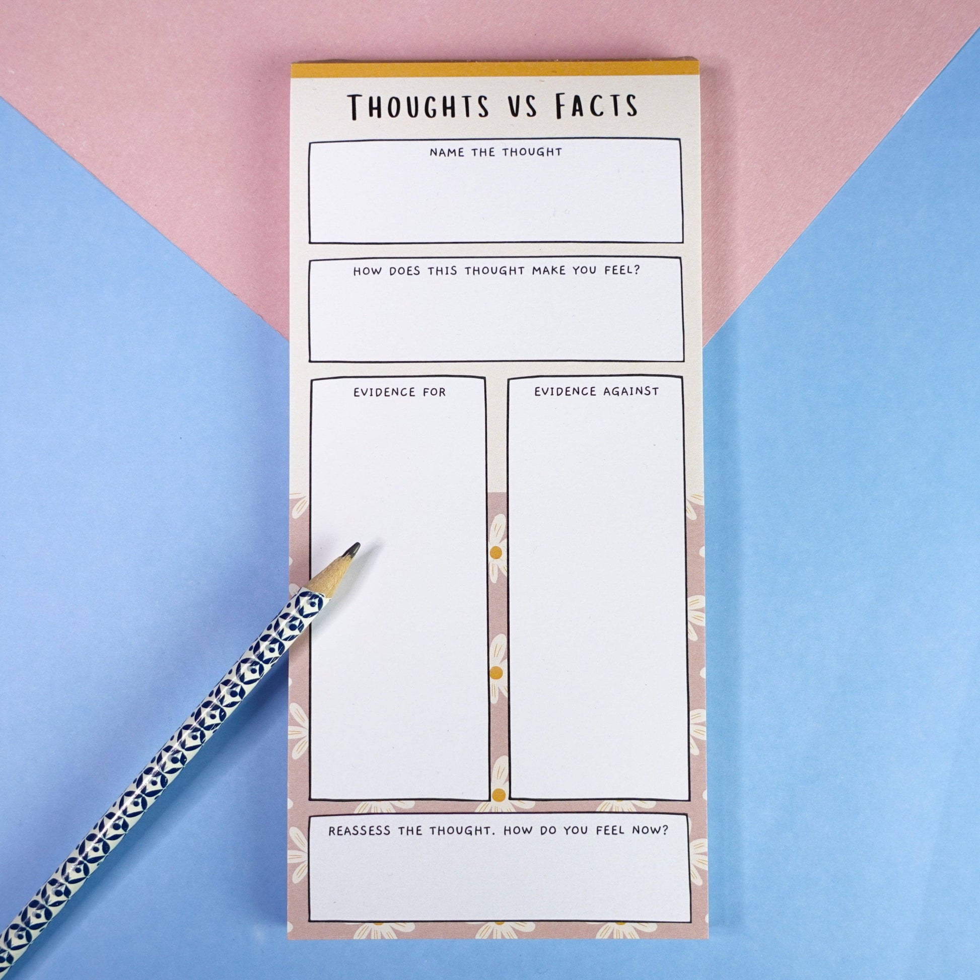 Challenge negative thoughts! Guided notepad with sections for thoughts & evidence. 50 sheets, DL size, smooth 120gsm paper. Mindful, uplifting stationery.