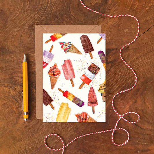 A6 greeting card featuring colourful hand-cut and digital collage ice lolly illustrations by Emily Nash, printed on sustainably-certified matte card, paired with a recycled kraft envelope