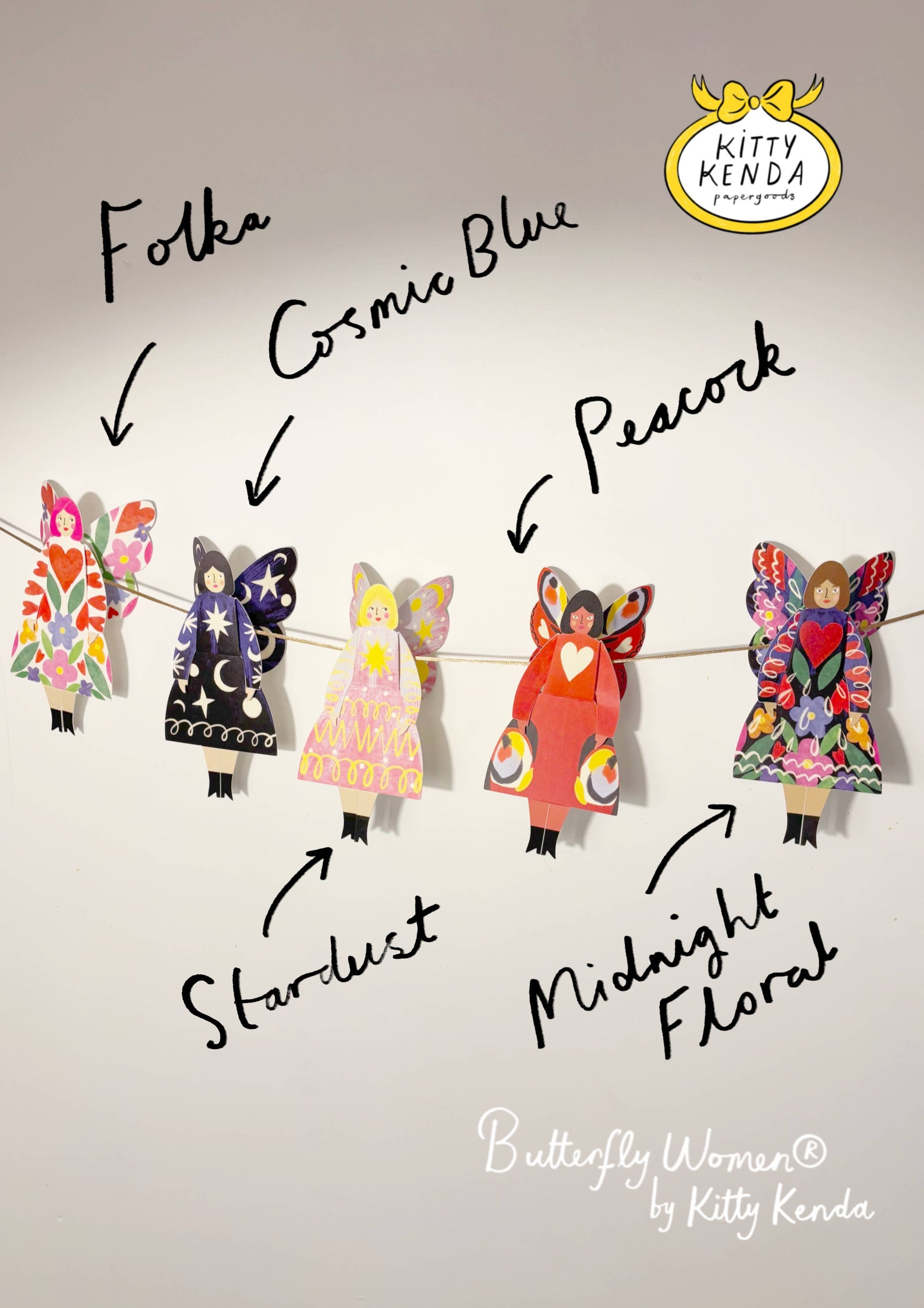 Illustrations of colorful butterfly women with labels and Kitty Kenda logo.