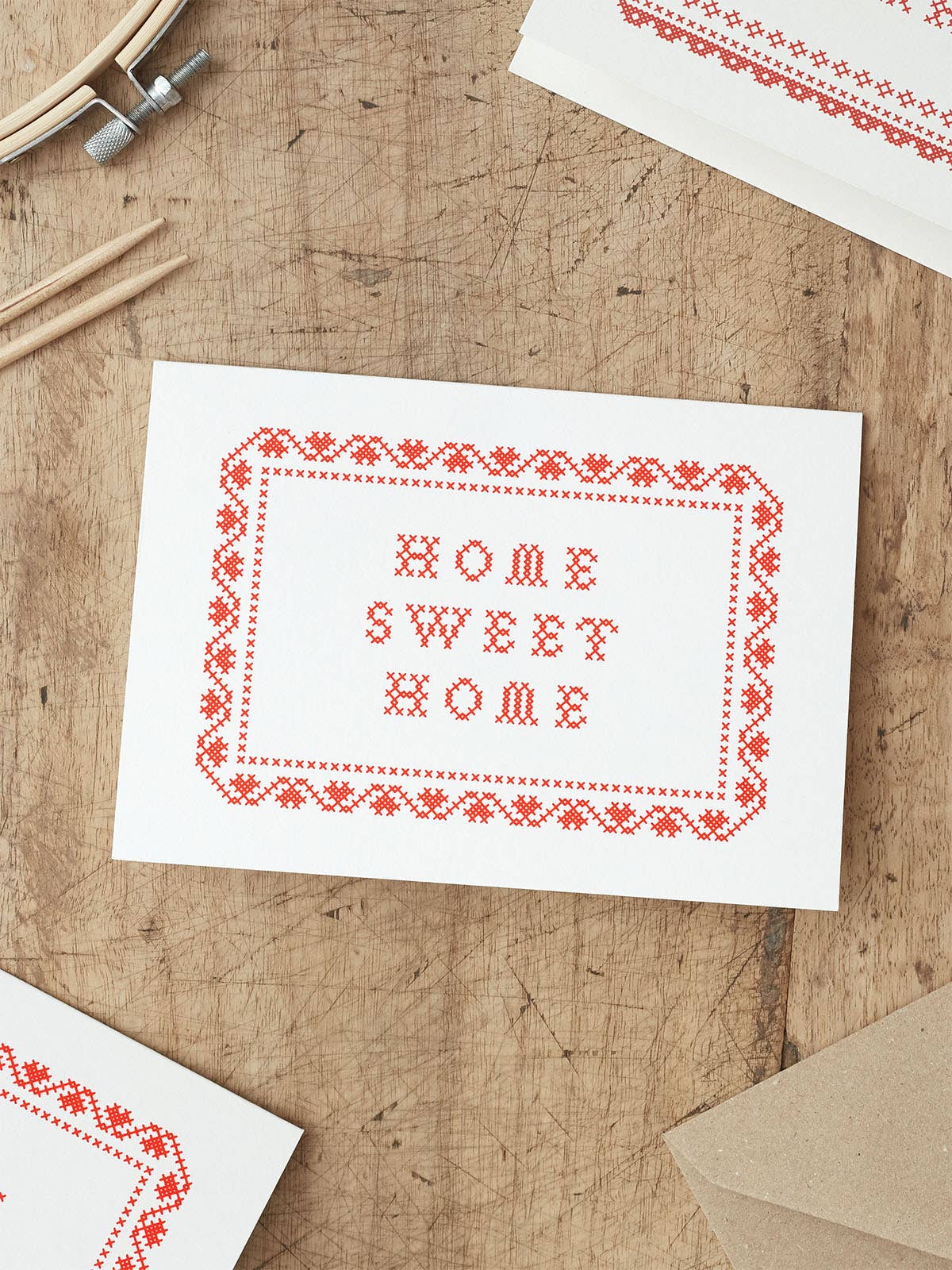Home Sweet Home cross stitch style hand-printed new home card