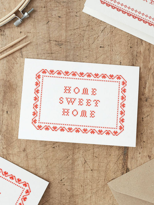 Home Sweet Home cross stitch style hand-printed new home card