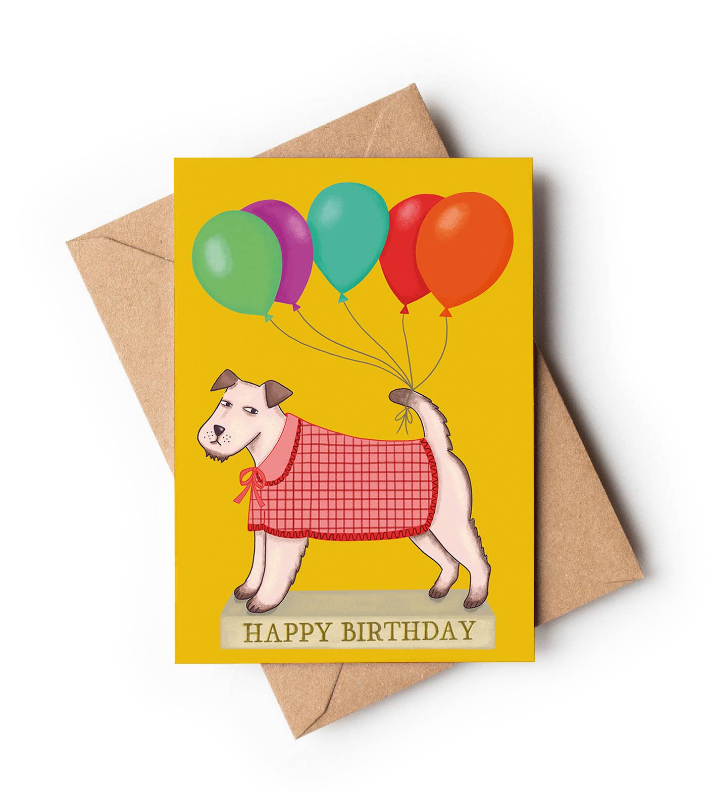 Dog and Balloons Birthday Card front featuring a terrier and balloons