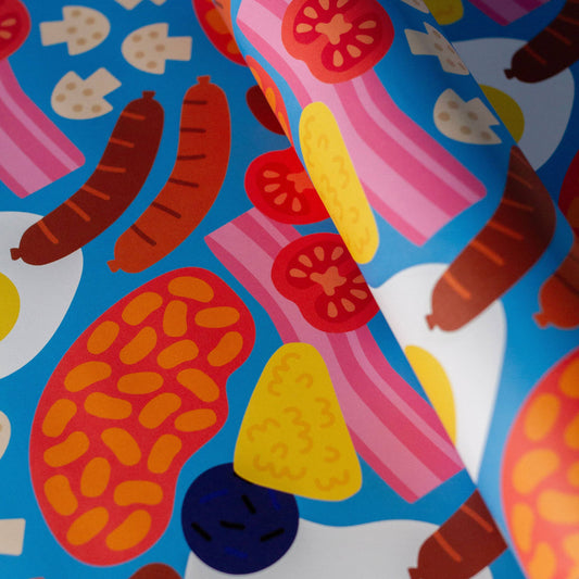 Close up of breakfast illustrations on recyclable wrapping paper