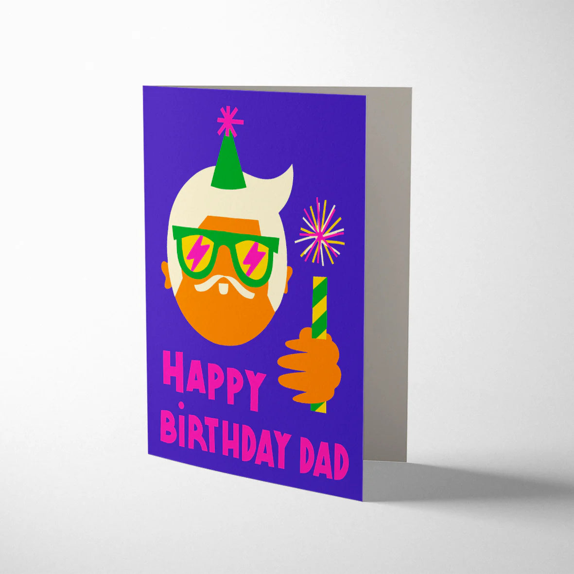 Happy Birthday Dad greeting card by Flip & Lu, party hat and sparklers illustration, litho printed on sustainably certified paper, kraft envelope, size 108mm x 140mm.