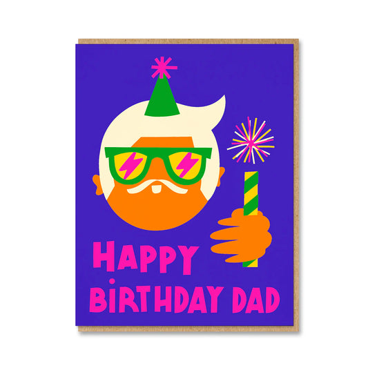 Happy Birthday Dad greeting card by Flip & Lu, party hat and sparklers illustration, litho printed on sustainably certified paper, kraft envelope, size 108mm x 140mm.