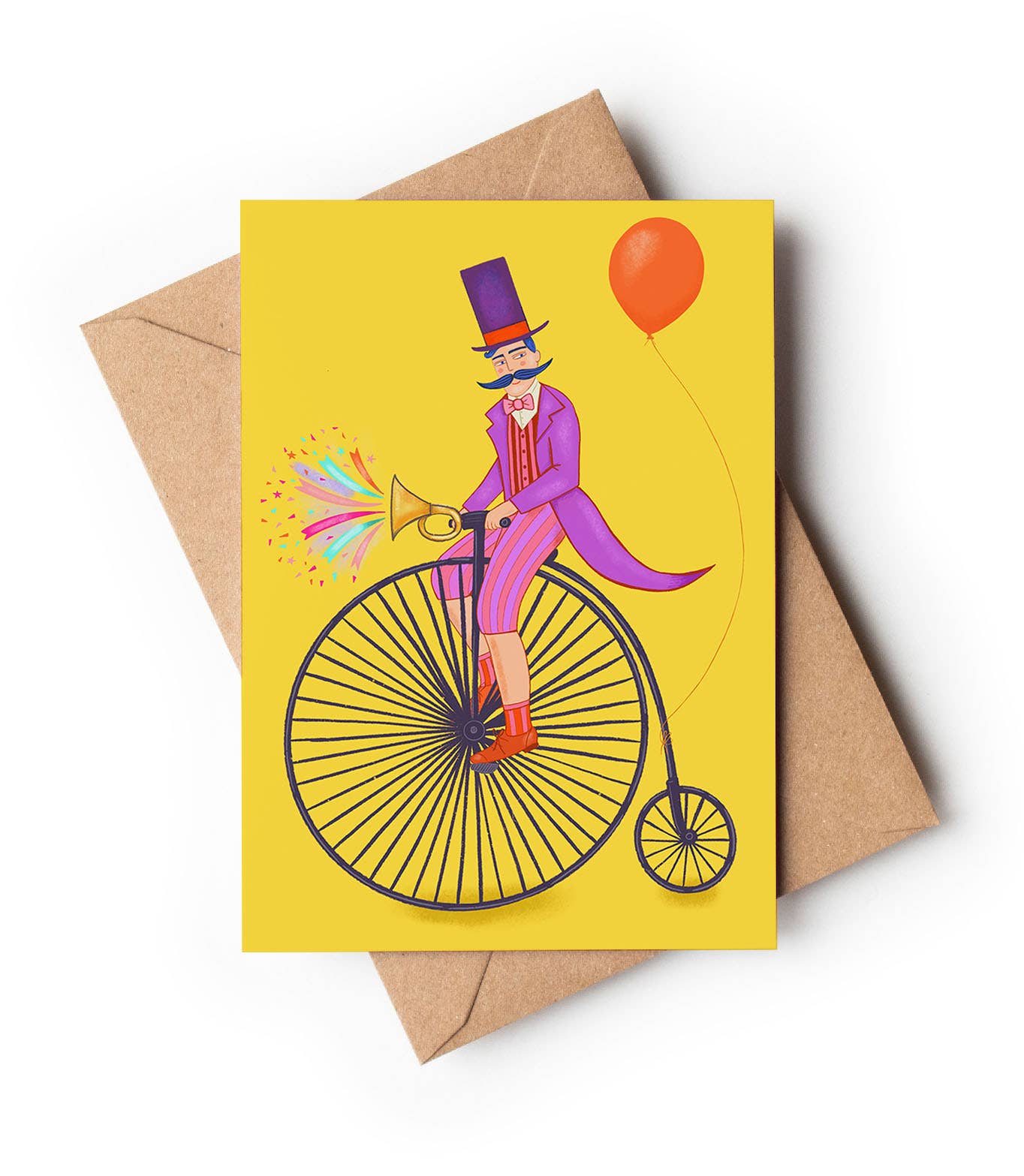Original illustration of a circus ringmaster on a penny farthing on yellow A6 card