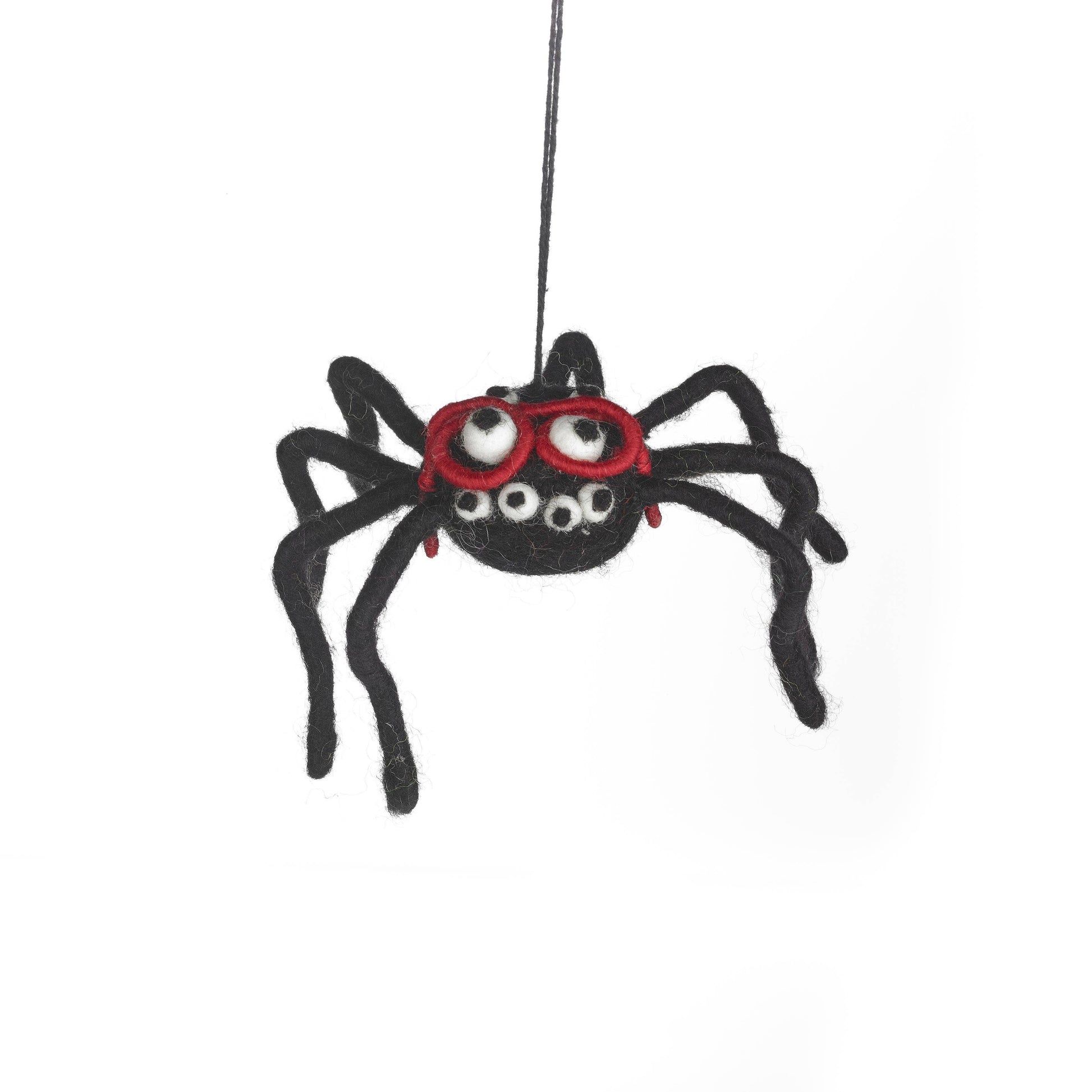 Handmade felt black spider Halloween decoration with red glasses, sustainable artisan-made and eco-friendly