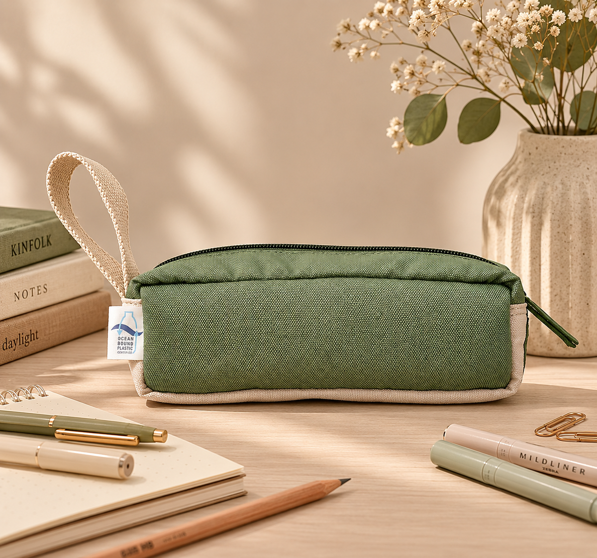 Zip closure detail on sage green eco pencil case
